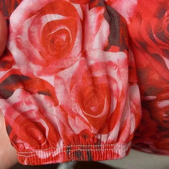 Almost Famous Floral Deep V-Neck Mesh Stretch Long Sleeve Top Size M Red & Pink - Picture 8 of 12